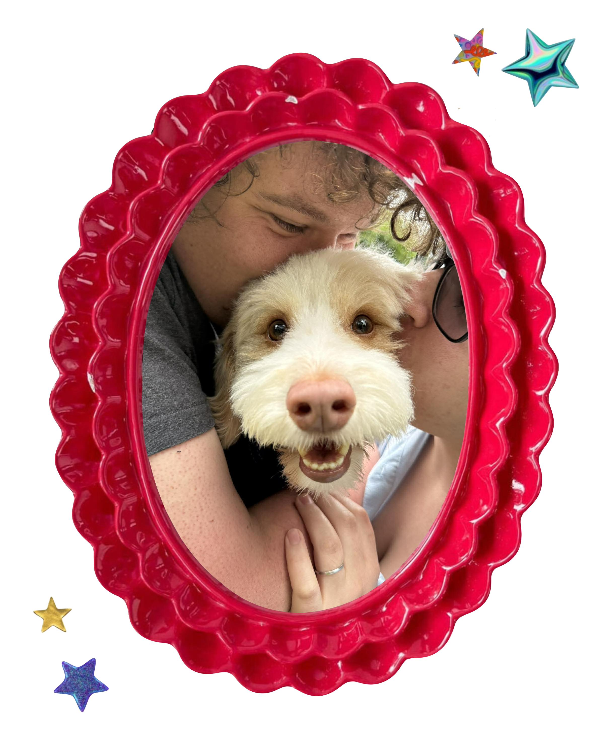 Foster carer with their rescue dog in an ornate frame