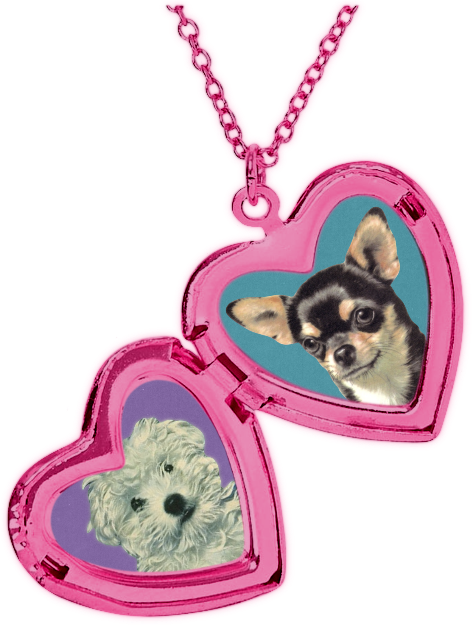 Heart-shaped pink locket necklace with rescue dogs